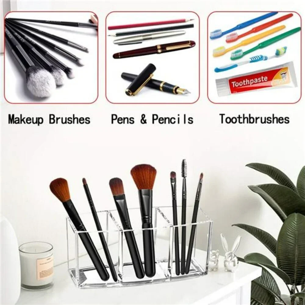 Clear Acrylic Makeup Brush Holder Organizer with 3 Slot Cosmetic Storage Stand